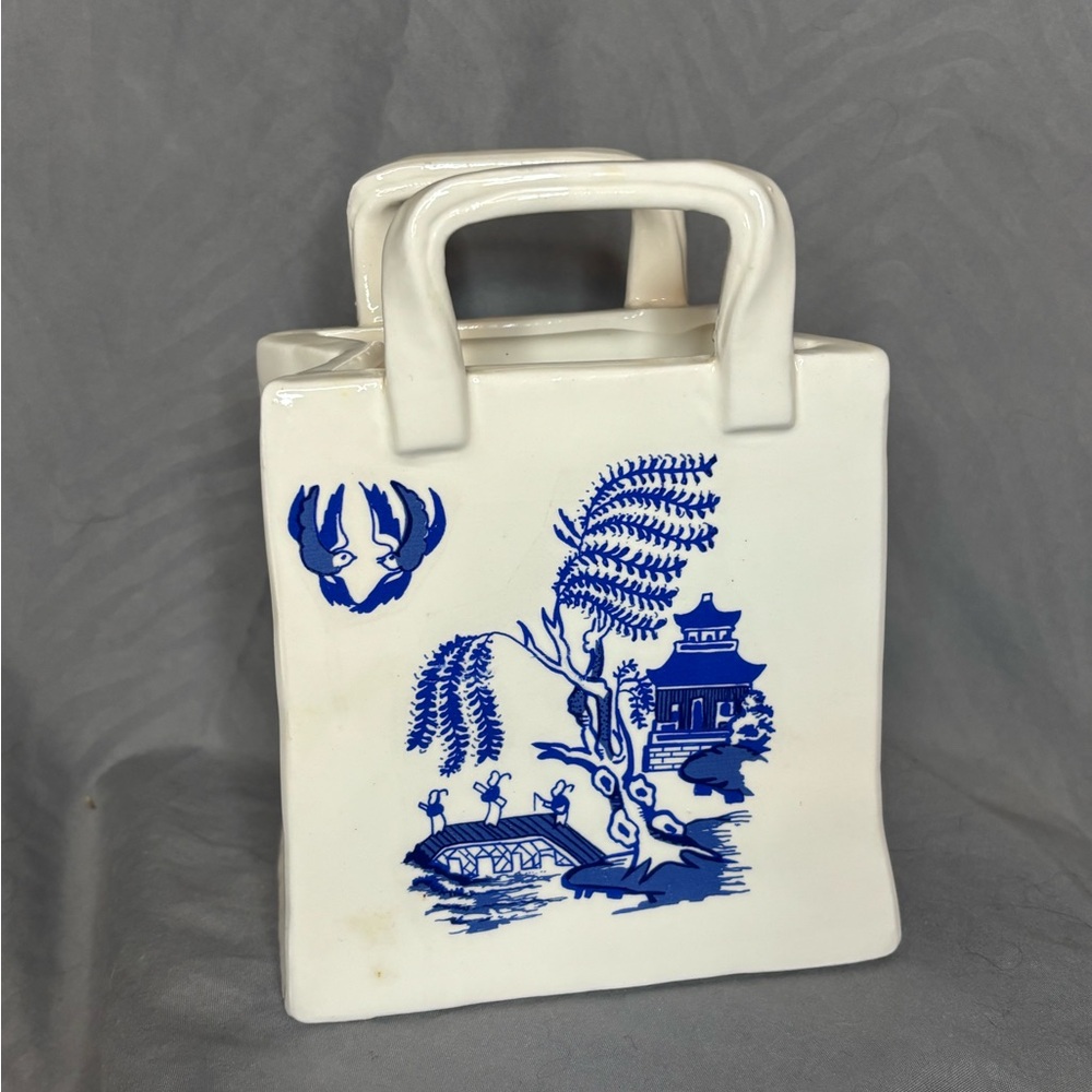 Vintage Rare Blue and White Porcelain Shopping Bag Vase
